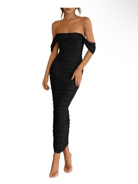 Off-Shoulder Black Ruched Maxi Dress
